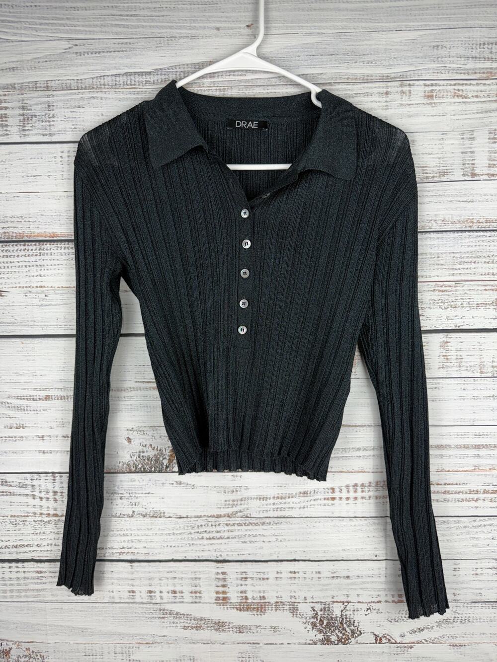 DRAE Black Shimmer Long Sleeve Crop Top Collared Dark Academia Small Stretch Rib